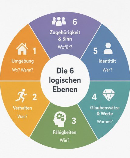 Die sechs logischen Ebenen auf einen Blick Die sechs logischen Ebenen als Kreis angeordnet, jede mit Symbol und Leitfrage: Umgebung, Verhalten, Fähigkeiten, Glaubenssätze und Werte, Identität, Zugehörigkeit und Sinn