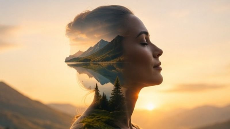 Profil einer Person, in das eine Naturlandschaft hineinmontiert ist, als Bild für innere Vorstellungen