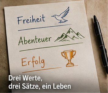 Drei Werte, drei Sätze, ein Leben Handgeschriebenes Blatt mit den drei Werten Freiheit, Abenteuer und Erfolg